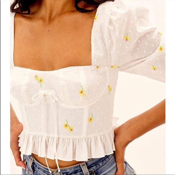 For Love & Lemons Abby Crop Top Blouse Small NWT Embroidered White Yellow Daisy - Picture 2 of 14